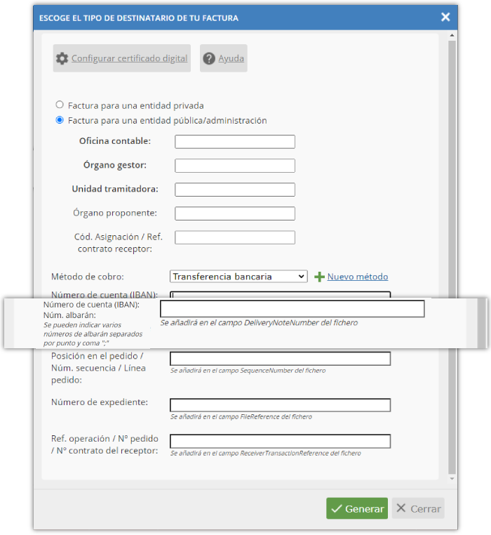 Campos formulario destinatario FacturaE